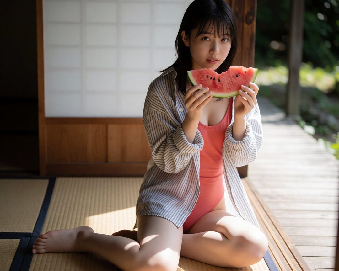 A young Japanese woman with black hair and bangs, wearing a coral swimsuit and an open striped shirt, sits on a tatami mat holding a slice of watermelon.