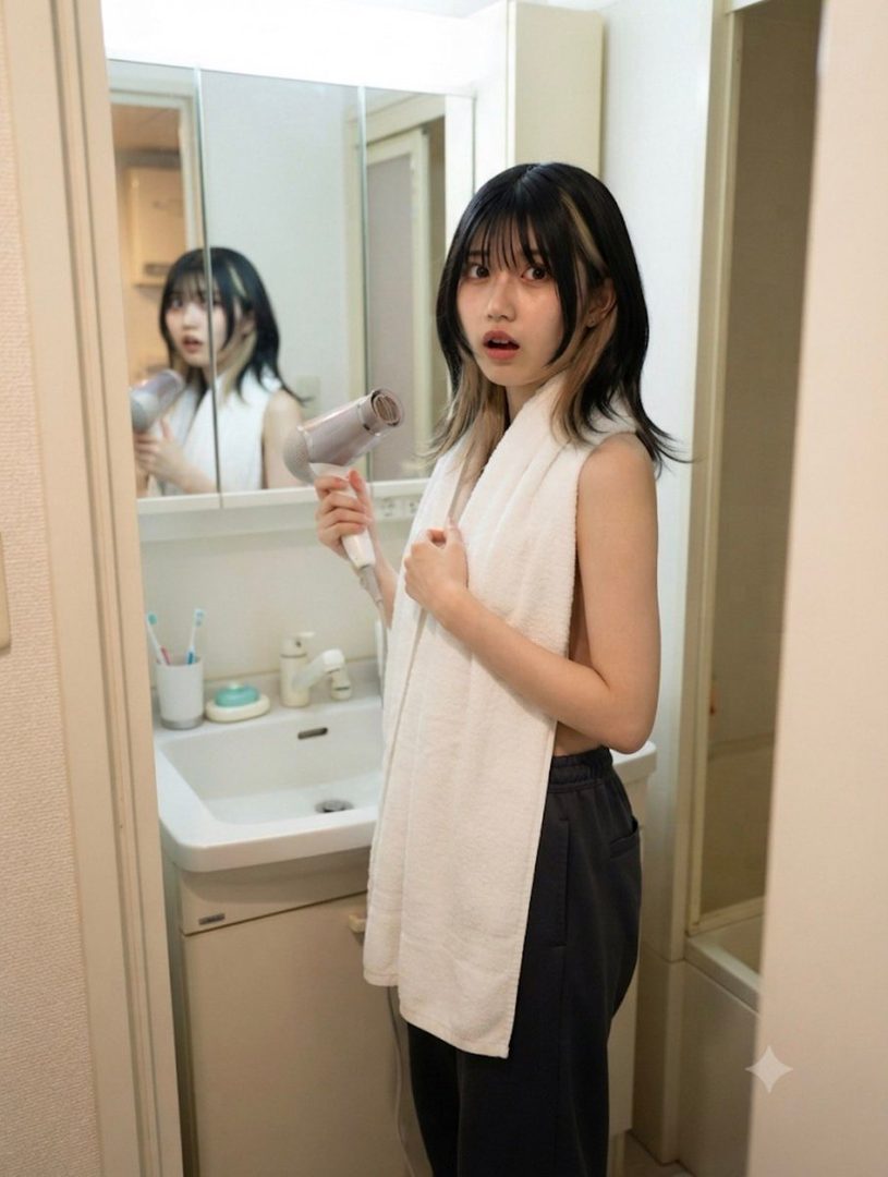 A young woman with black and blonde hair stands in a bathroom, holding a hairdryer and looking surprised.