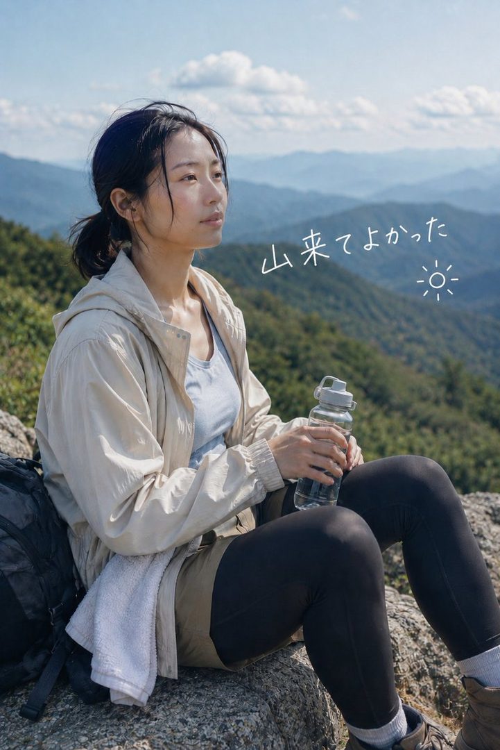 A woman with dark hair tied in a ponytail sits on a rock on a mountain top, wearing hiking attire and holding a water bottle, looking out at the scenic mountain range.