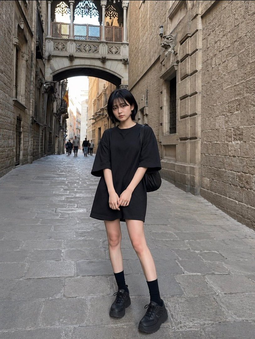 A young East Asian woman with short black hair stands on a cobblestone street in a European city, wearing a black oversized t-shirt dress and chunky sneakers.