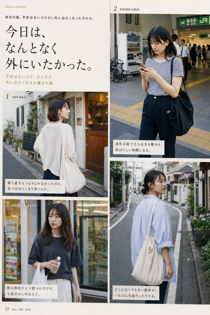 A young Japanese woman with short black hair, wearing a striped t-shirt and dark pants, looks at her phone while standing near a train station entrance.