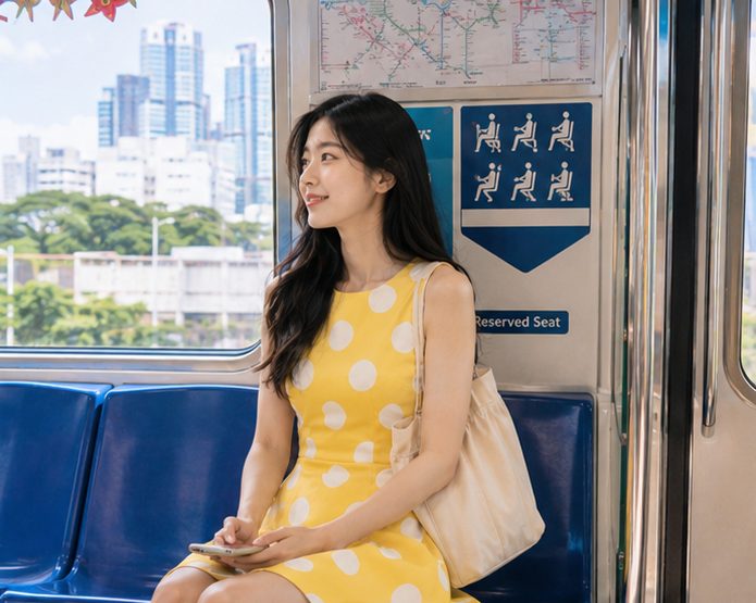 A young woman with long black hair wearing a yellow polka dot dress sits on a blue subway seat, looking out the window at a city skyline.