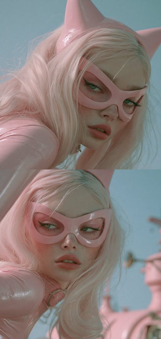 A photorealistic portrait of a woman with long pink hair, wearing a pink cat-eared mask and a shiny pink outfit, looking directly at the viewer.