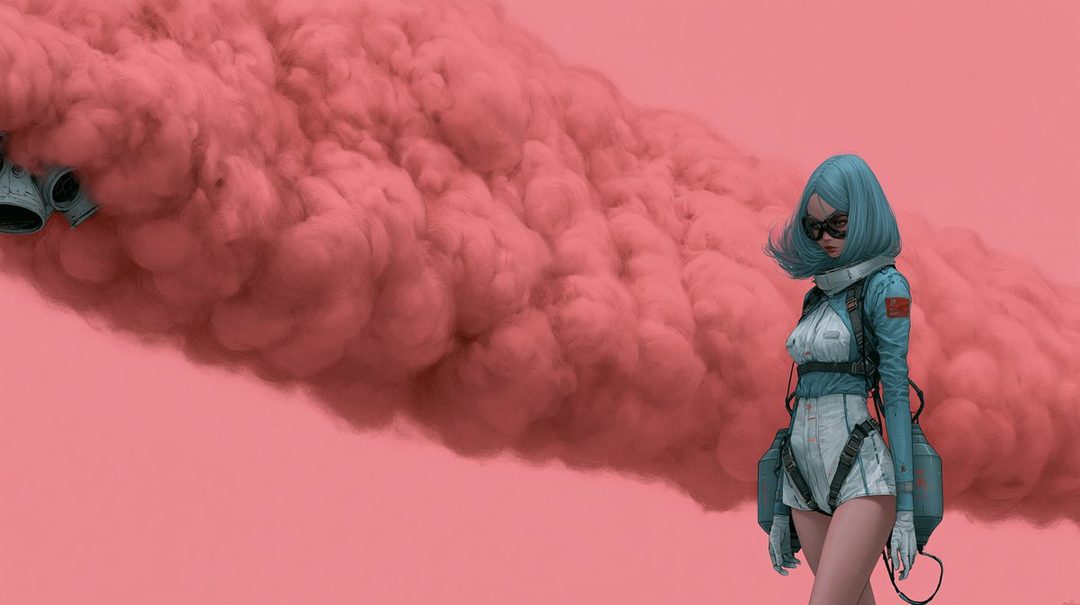 A woman with short blue hair and goggles, wearing a futuristic outfit, stands against a backdrop of pink smoke.