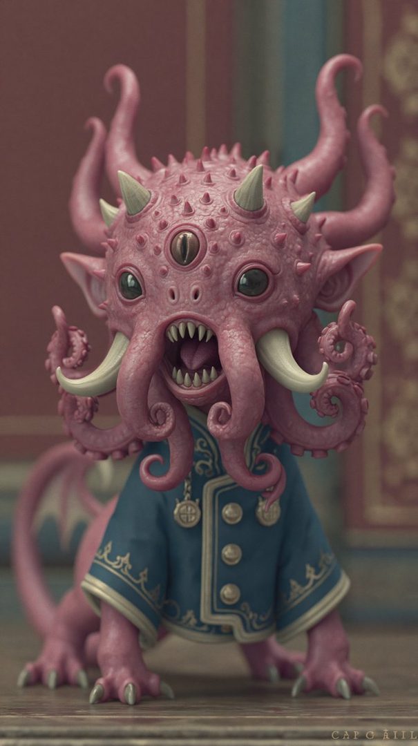 A cute, pink, Cthulhu-like creature with multiple eyes and tentacles, wearing a blue and gold ornate jacket, posing for a portrait.