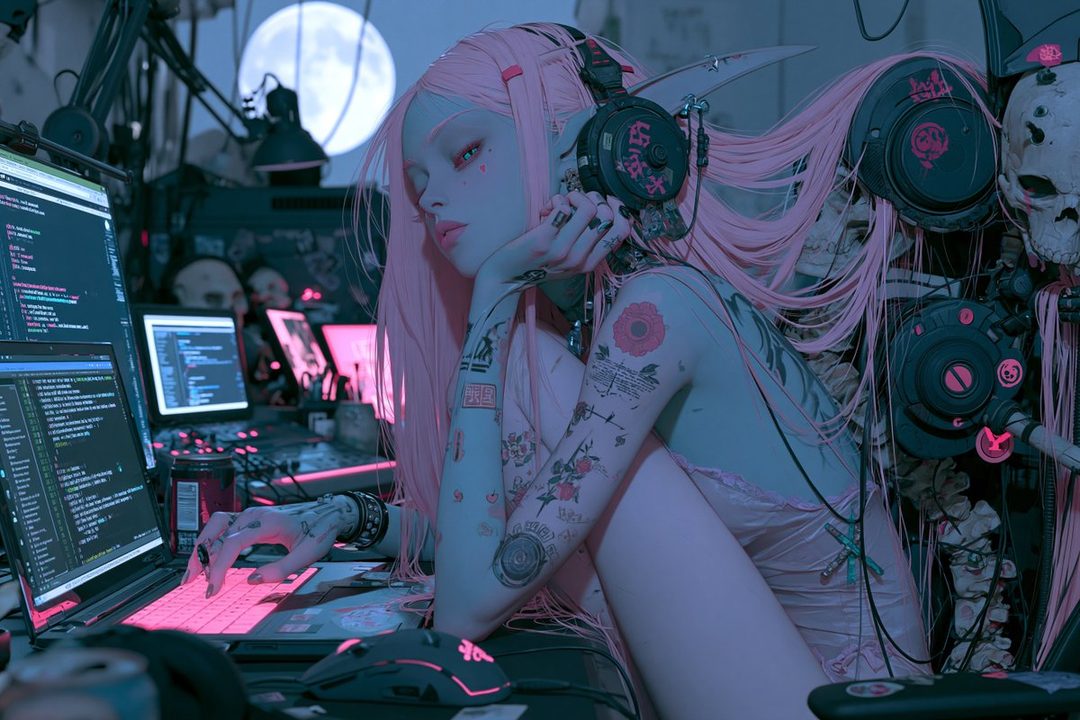 A young woman with long pink hair and tattoos sits in front of multiple computer monitors, wearing headphones and a light pink slip dress.