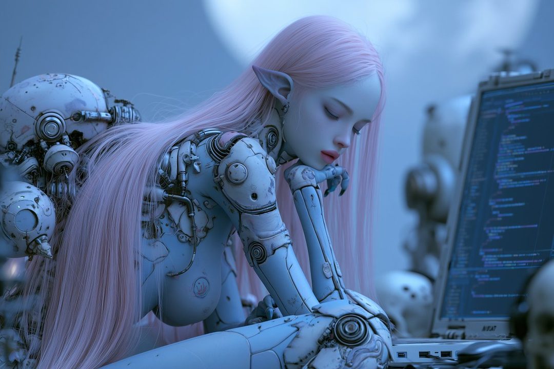 A photorealistic portrait of a cyborg elf with long pink hair, looking down thoughtfully at a computer screen.