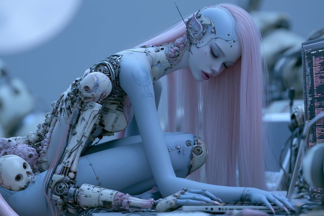 A photorealistic portrait of a cyborg woman with long pink hair, intricate mechanical details, and a pale blue complexion, sitting in front of a computer screen.