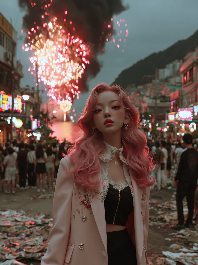 A young woman with long, wavy pink hair stands in a city street at night, with fireworks exploding in the background.