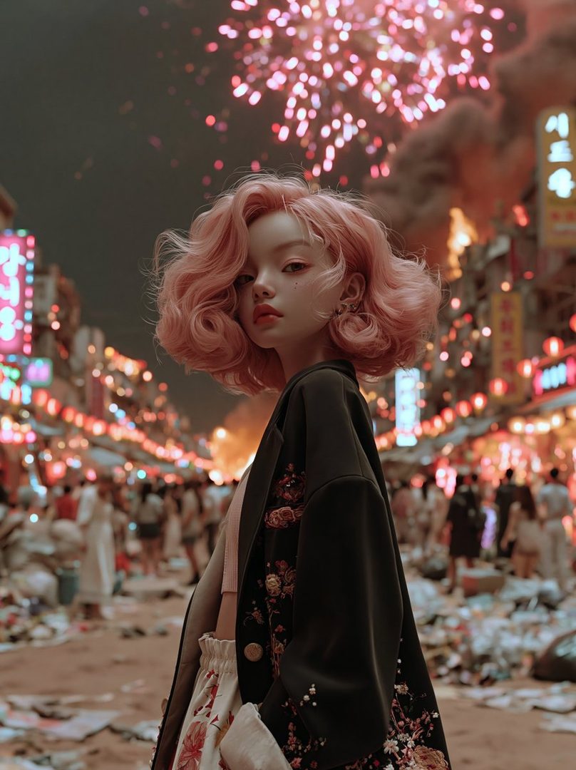 A young woman with short, wavy pink hair poses in a bustling night market with fireworks in the background.