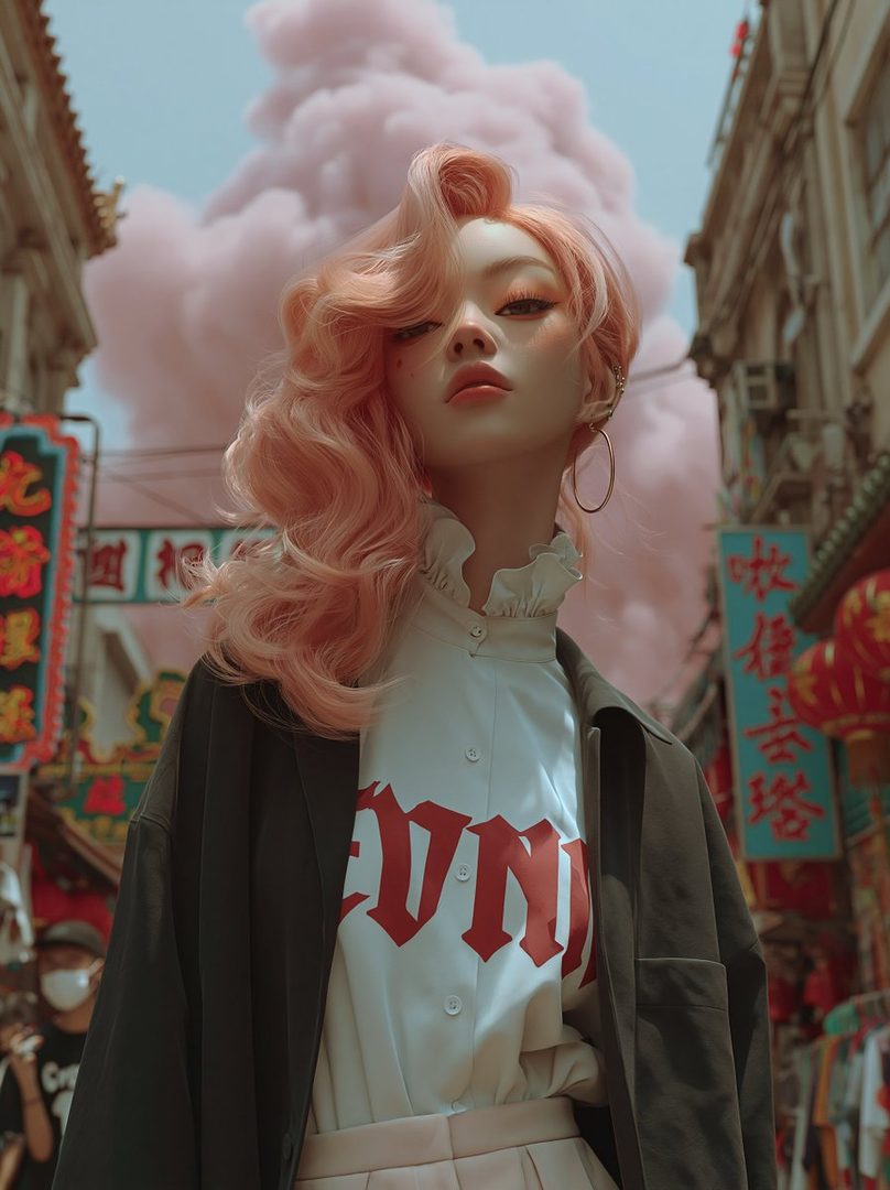 A young woman with voluminous pink hair and dramatic makeup poses in a vibrant street scene with pink smoke billowing in the background.