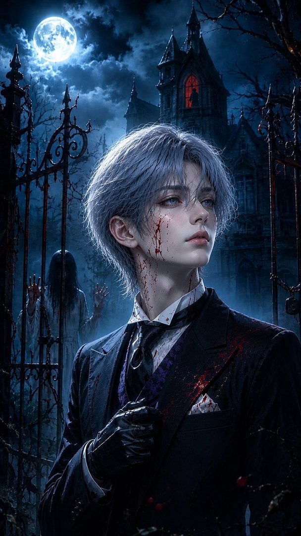 A young man with silver hair, dressed in a dark suit with bloodstains, stands in front of a haunted mansion under a full moon. A ghostly figure is visible behind a gate.