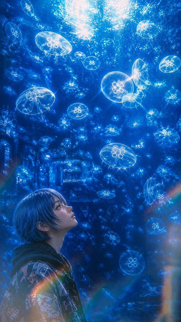 A young person with short blue hair looks up in awe at a swarm of glowing jellyfish in a dark, underwater environment.