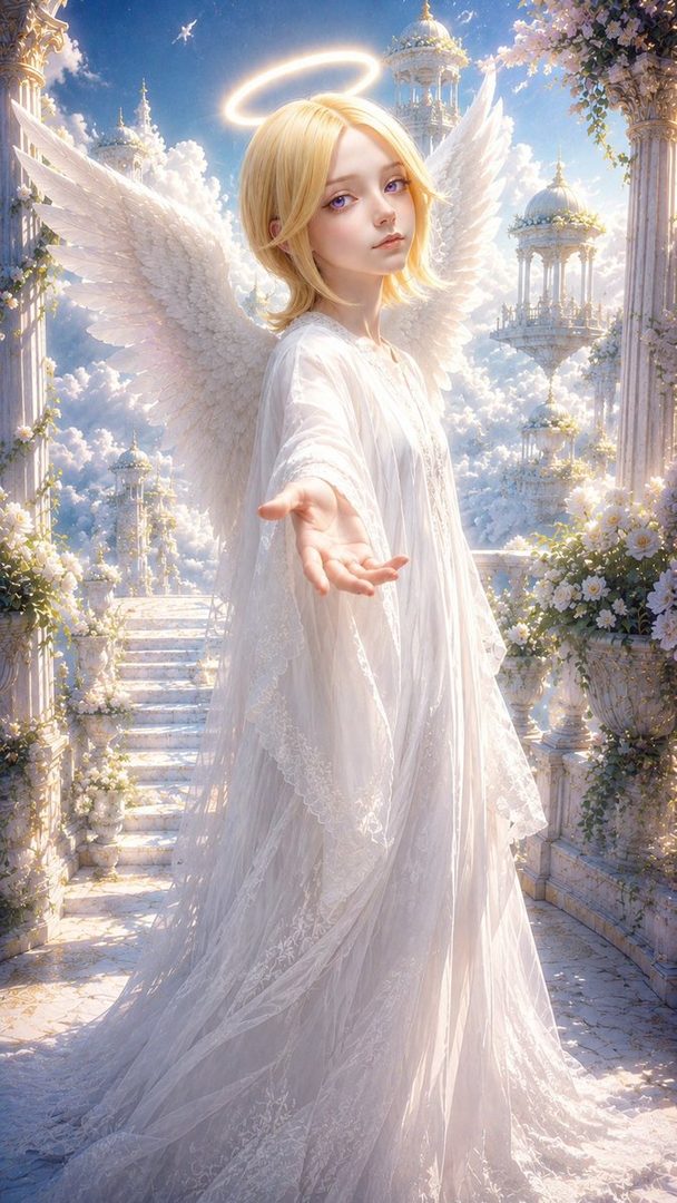 A beautiful blonde angel with white wings and a halo extends her hand in a dreamy, ethereal outdoor setting with classical architecture.