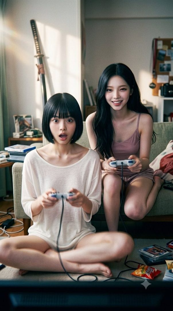 Two young women playing video games together indoors, one with short black hair and bangs, the other with long black hair, both holding controllers.