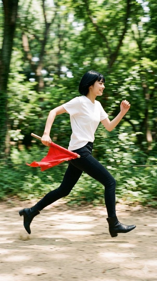 A young woman with short black hair runs through a park holding a red flag.