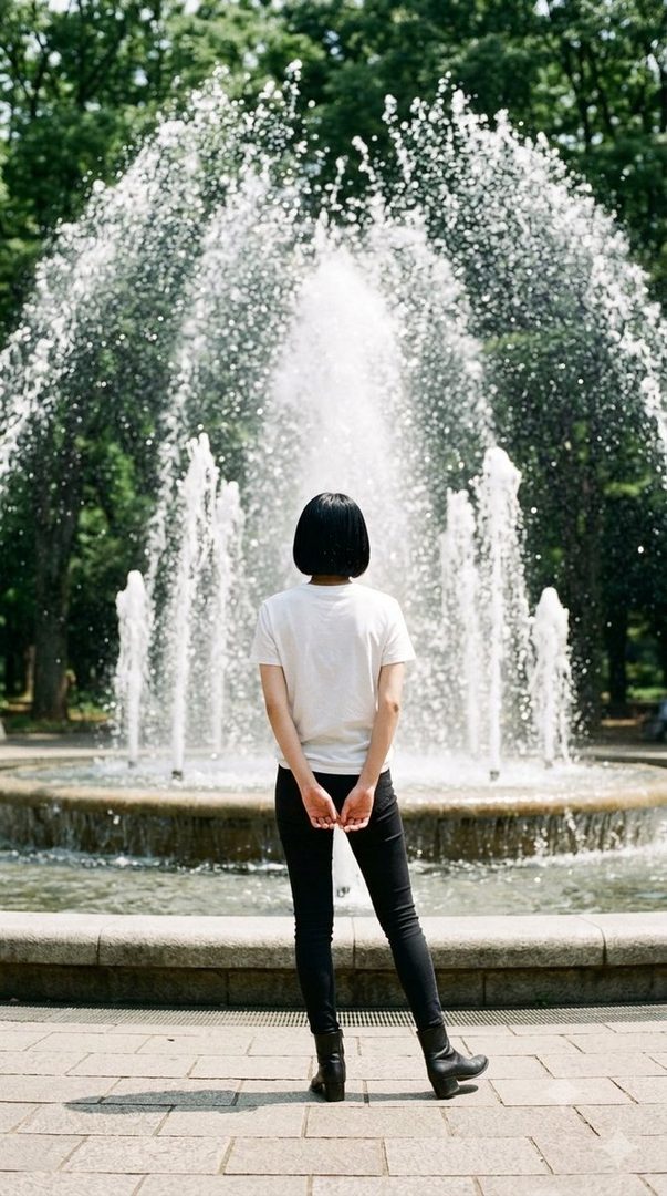 A person with short black hair stands with their back to the camera in front of a large, splashing fountain in a park.