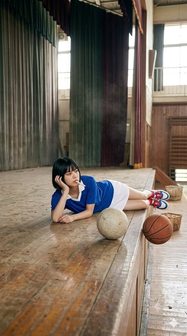 A young woman in a blue and white sports uniform lies on a wooden stage with a volleyball and a basketball.