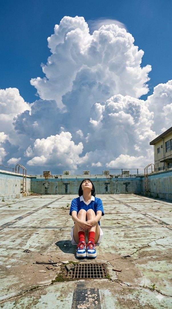 A young woman in a blue and white collared shirt and red socks sits in an abandoned swimming pool, looking up at a dramatic sky filled with large, fluffy clouds.