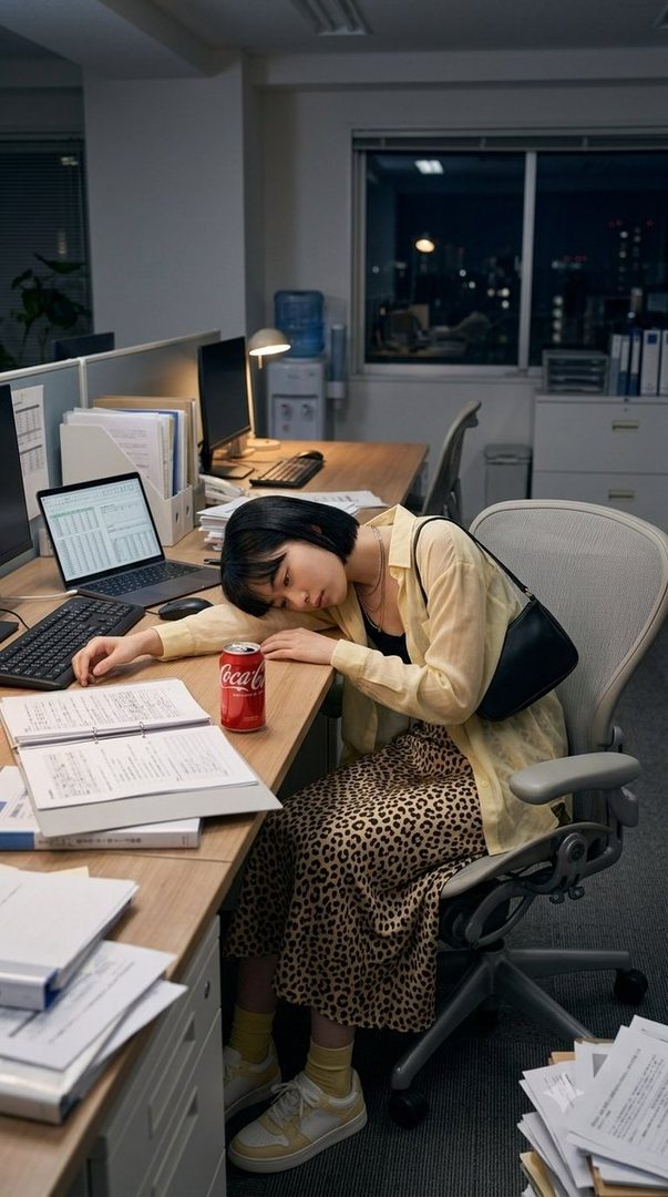 A young woman with short black hair sleeps at her desk in an office at night, with a can of Coca-Cola beside her.
