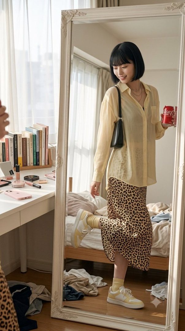 A young woman with short black hair poses in front of a mirror, holding a can of Coca-Cola. She wears a yellow sheer shirt over a leopard print skirt and sneakers.