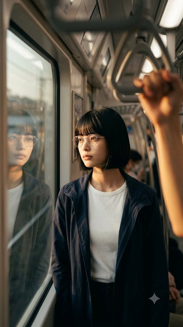 A young woman with short black hair and glasses looks out the window of a train, with her reflection visible.