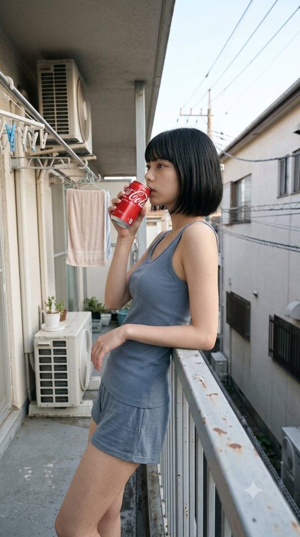 A young woman with short black hair drinks from a Coca-Cola can while leaning on a balcony railing.