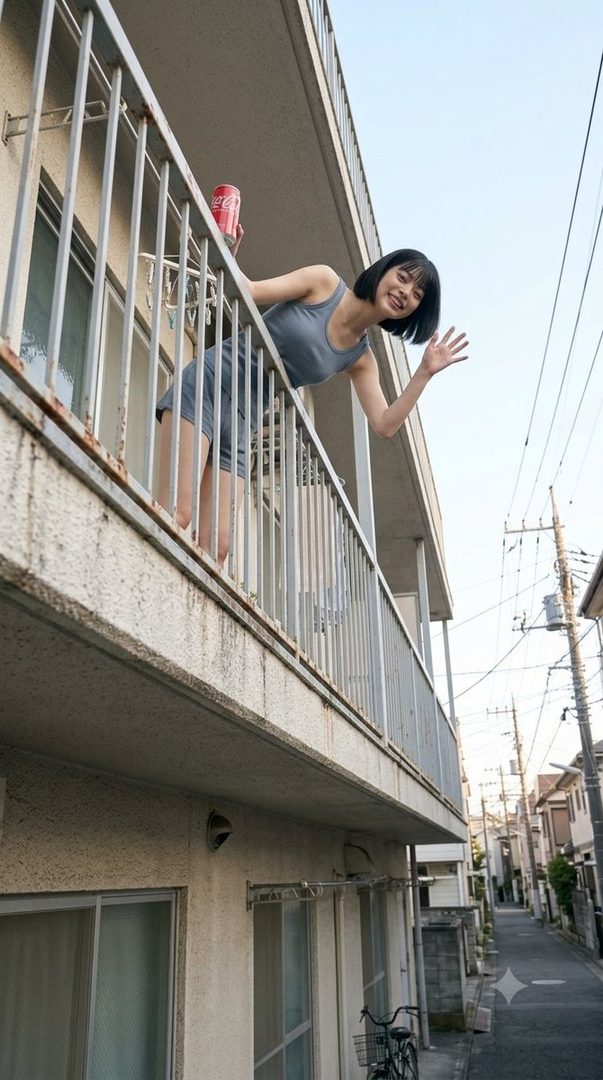 A young woman with short black hair leans over a balcony railing, holding a can of soda and waving.