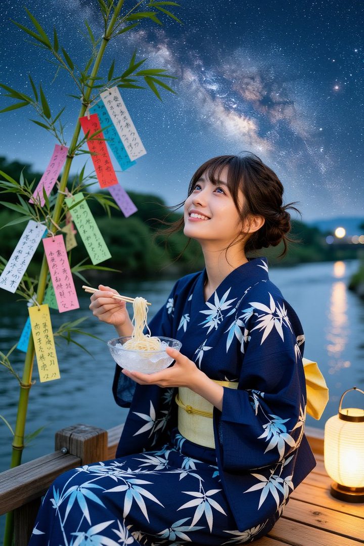 A young woman in a blue yukata with a white bamboo pattern smiles as she looks up at the starry sky, holding chopsticks and a bowl of noodles.