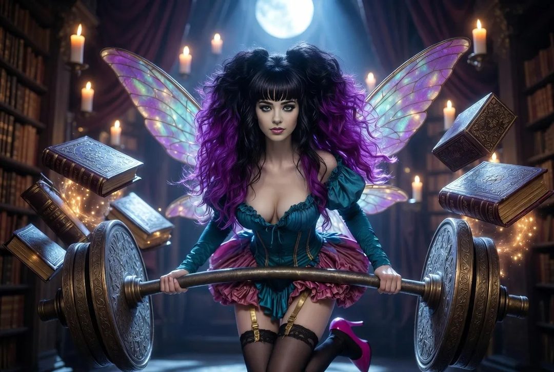 A gothic fairy with purple and black hair lifts a barbell in a library filled with books and candles.
