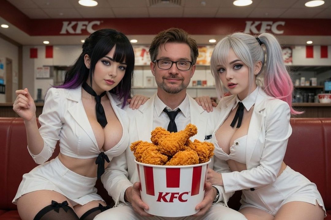 A man sits between two women in KFC-themed outfits, holding a bucket of fried chicken.