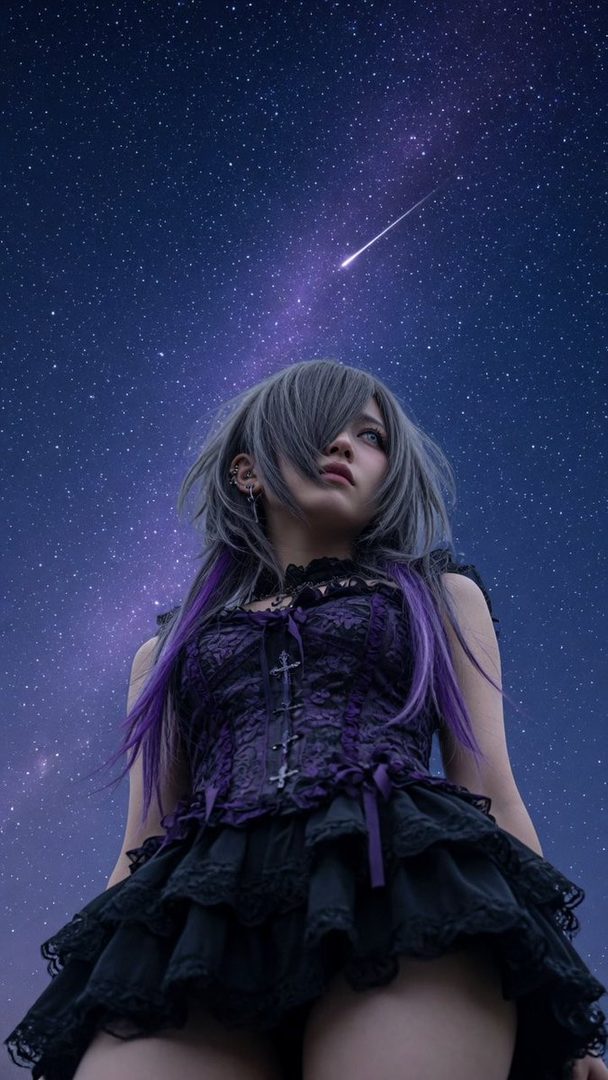 A young woman with long, grey and purple hair looks up at a starry night sky with a shooting star.