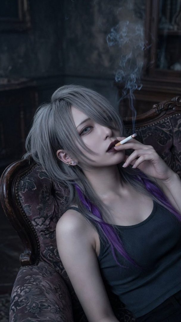 A person with silver hair and purple streaks, wearing a dark tank top, sits in an ornate chair, smoking a cigarette with smoke rising.