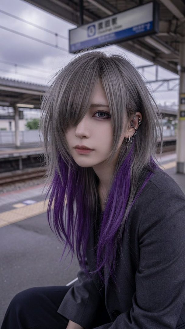 A person with long, layered grey hair with purple streaks sits on a train platform, looking towards the camera with a neutral expression.