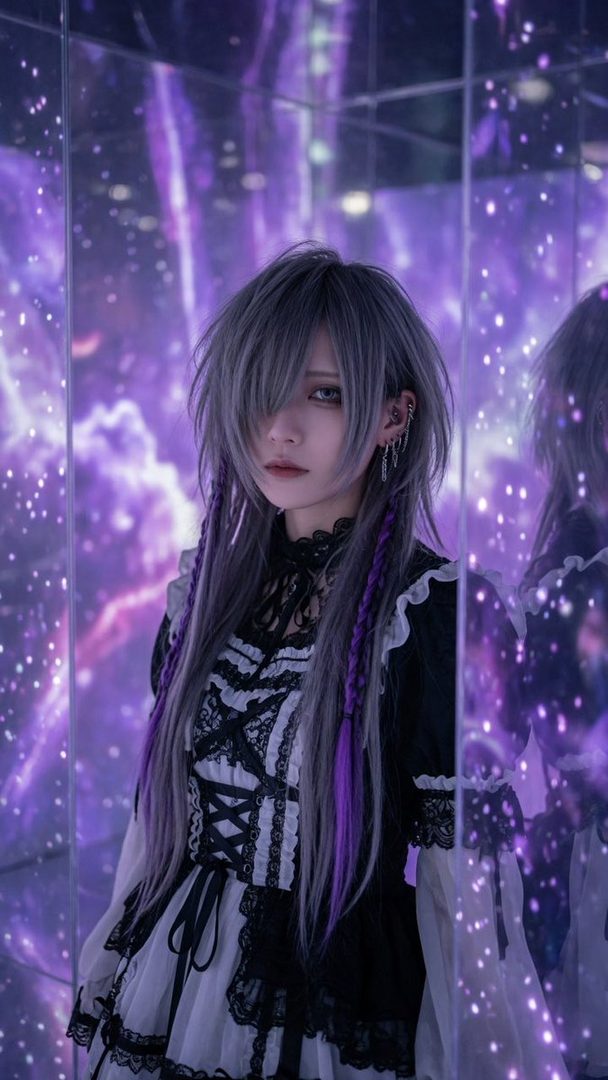 A young woman with long, layered gray hair with purple streaks, wearing a black and white gothic lolita dress, poses in a room with a purple, starry background.