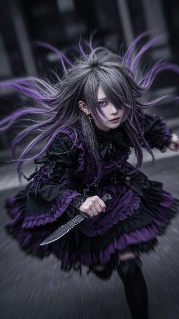 A person with long, gray and purple streaked hair, wearing a gothic lolita dress and holding a knife, running on a street.
