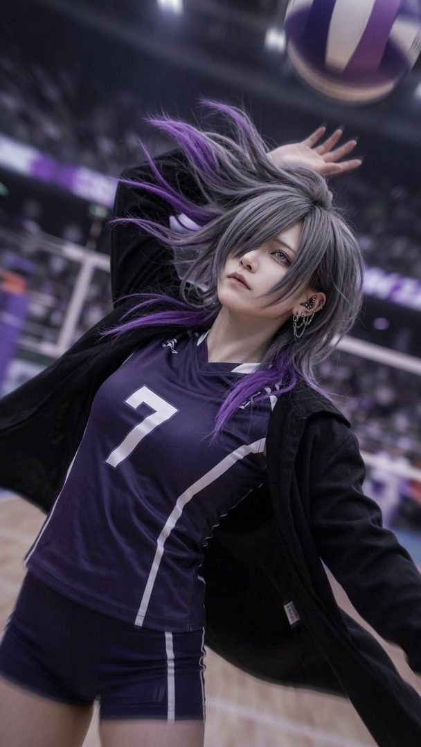 A person in a purple volleyball jersey with the number 7, gray hair with purple streaks, and a black jacket, playing volleyball indoors.