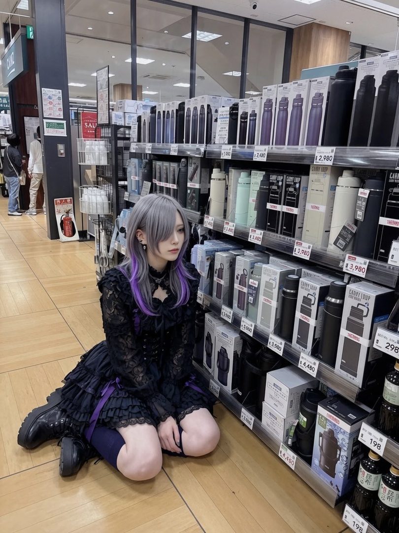 A young woman with silver and purple hair, wearing a black gothic lolita dress, kneels in an aisle of a store selling thermoses.