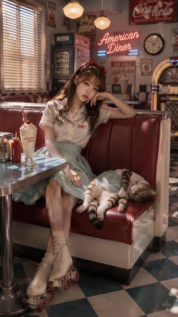 A young woman with long brown hair and a red bow sits in a retro American diner, wearing a short-sleeved shirt and a light blue skirt, with roller skates on her feet. A cat sleeps beside her on the red booth.