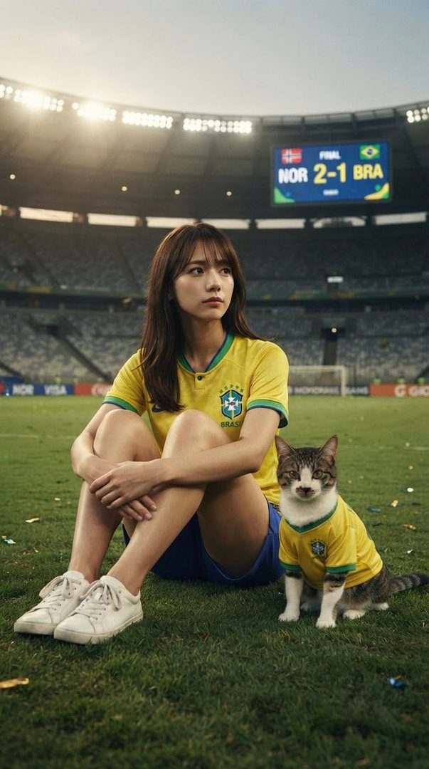 A young woman in a Brazilian soccer jersey sits on a field with a cat also wearing a matching jersey, a stadium scoreboard in the background.