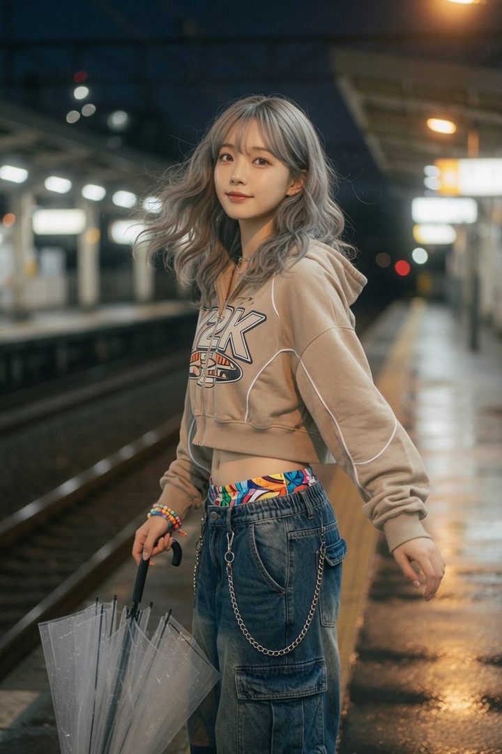 A young woman with silver hair stands on a train platform at night, holding a clear umbrella.
