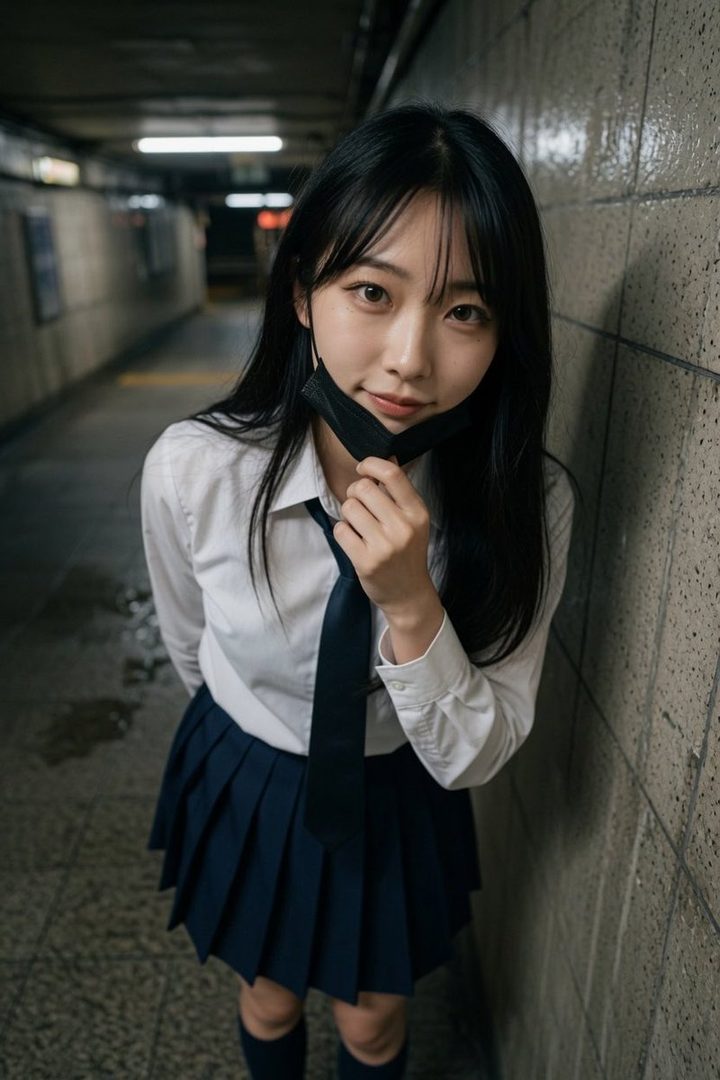 A young woman in a school uniform, holding a mask, stands in a subway station.