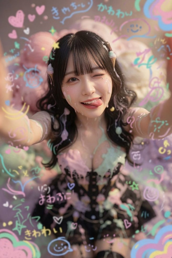 A young woman with black hair winks and sticks out her tongue, covered in colorful frosting and sprinkles, with ice cream cones in her hair.