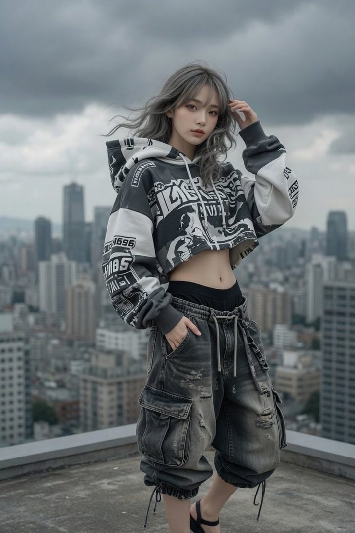 A young woman with long, silver hair stands on a rooftop overlooking a city, wearing a cropped graphic hoodie and baggy cargo pants.