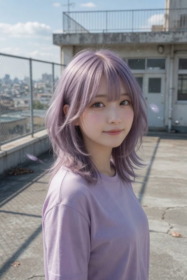A young woman with long, wavy lavender hair and bangs, wearing a light purple t-shirt, smiles gently while looking at the camera on a rooftop.