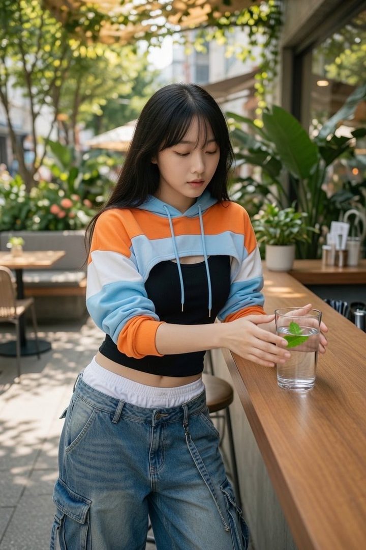 A young East Asian woman with long black hair, wearing a colorful cropped hoodie and denim cargo pants, sits at a cafe counter with a glass of water.