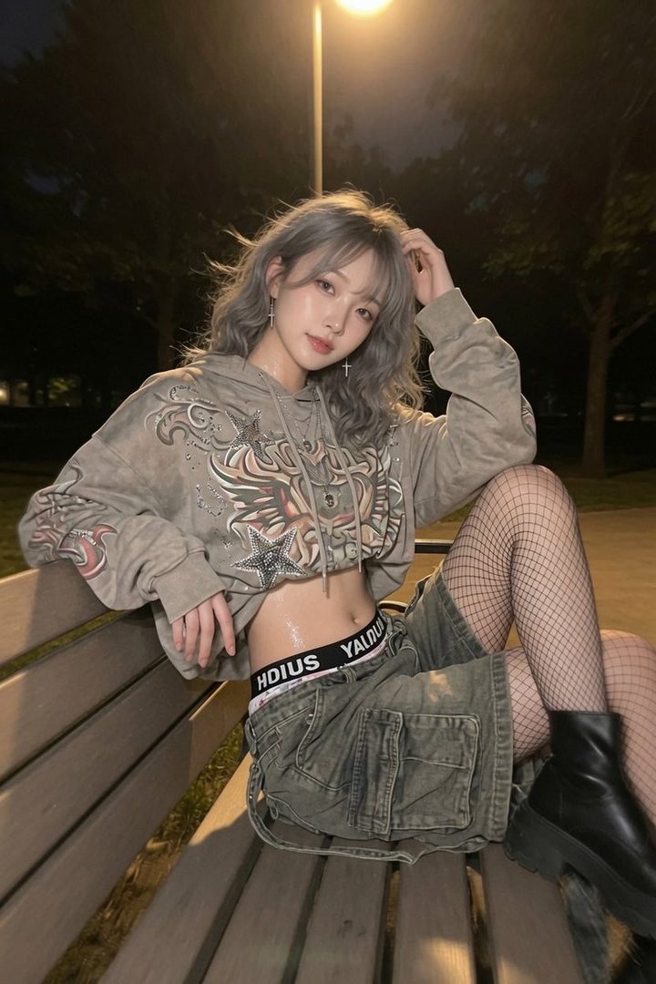 A young woman with silver hair sits on a park bench at night, wearing a cropped hoodie, denim shorts, and fishnet stockings.