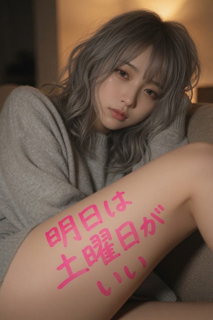 A young woman with silver hair and bangs, wearing a grey sweater, poses indoors with pink Japanese text written on her thigh.