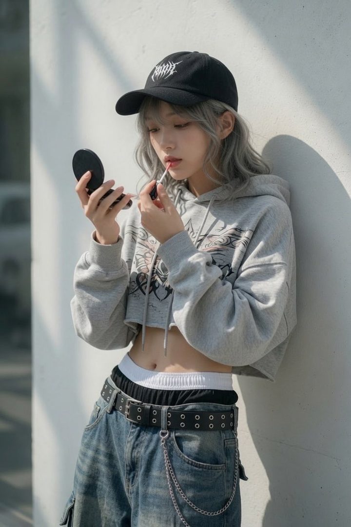 A young woman with silver hair and a black baseball cap applies lipstick while wearing a grey cropped hoodie and baggy jeans.