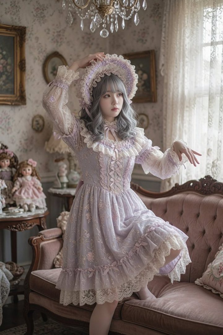 A young woman with silver hair and bangs, wearing a lavender lolita-style dress and bonnet, poses elegantly on a vintage sofa in a room decorated with dolls and antique furniture.